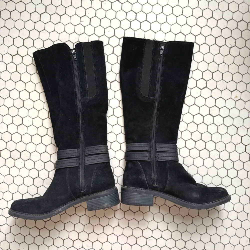 Clarks Knee High Boots Black Size 8 Suede Buckle Riding Moto Academia Campus